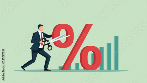 Businessman Cutting Percentage Mark with Scissors vector::9, stopping inflation and reducing high interest rates on loans