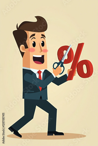 Businessman Cutting Percentage Mark with Scissors vector::9, stopping inflation and reducing high interest rates on loans