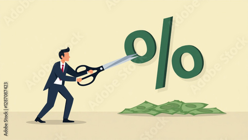 Businessman Cutting Percentage Mark with Scissors vector::9, stopping inflation and reducing high interest rates on loans