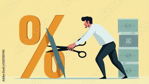 Businessman Cutting Percentage Mark with Scissors vector::9, stopping inflation and reducing high interest rates on loans