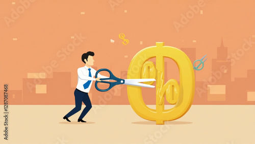Businessman Cutting Percentage Mark with Scissors vector::9, stopping inflation and reducing high interest rates on loans