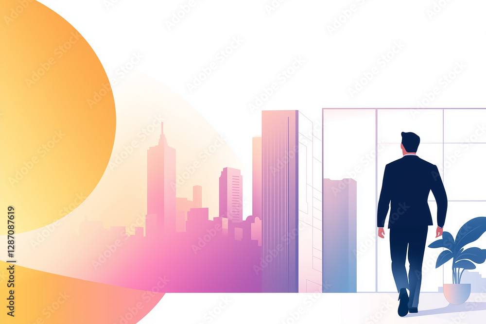 Businessman walking in a smart suit toward a modern cityscape with large buildings and a bright sun. The clean area highlights a professional atmosphere for various industries Businessman walking in a smart suit toward a modern cityscape with large buildings and a bright sun. The clean area highlights a professional atmosphere for various industries