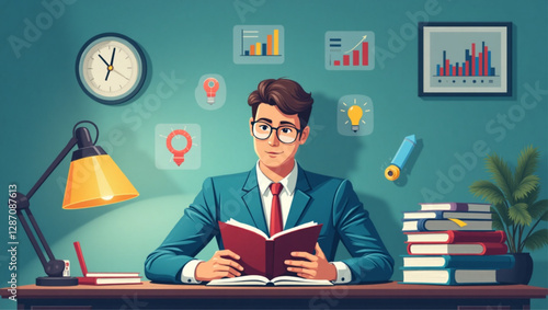 Businessman Discovering Innovative Ideas and Solutions Through Reading and Studying