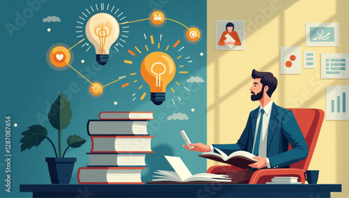 Businessman Discovering Innovative Ideas and Solutions Through Reading and Studying