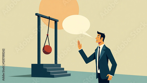 Businessman Facing Newton's Cradle with Chat Bubble, Illustrating the Impact of Speech and Communication