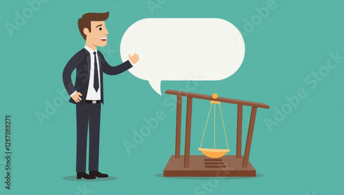 Businessman Facing Newton's Cradle with Chat Bubble, Illustrating the Impact of Speech and Communication