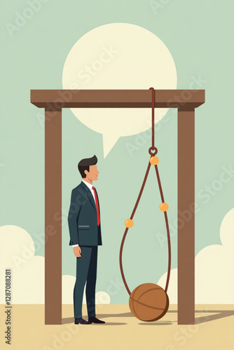 Businessman Facing Newton's Cradle with Chat Bubble, Illustrating the Impact of Speech and Communication