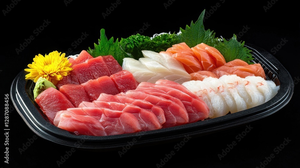 Colorful sashimi platter on rustic black plate Colorful sashimi platter on rustic black plate
