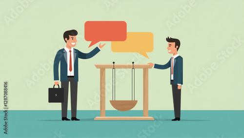 Businessman Facing Newton's Cradle with Chat Bubble, Illustrating the Impact of Speech and Communication