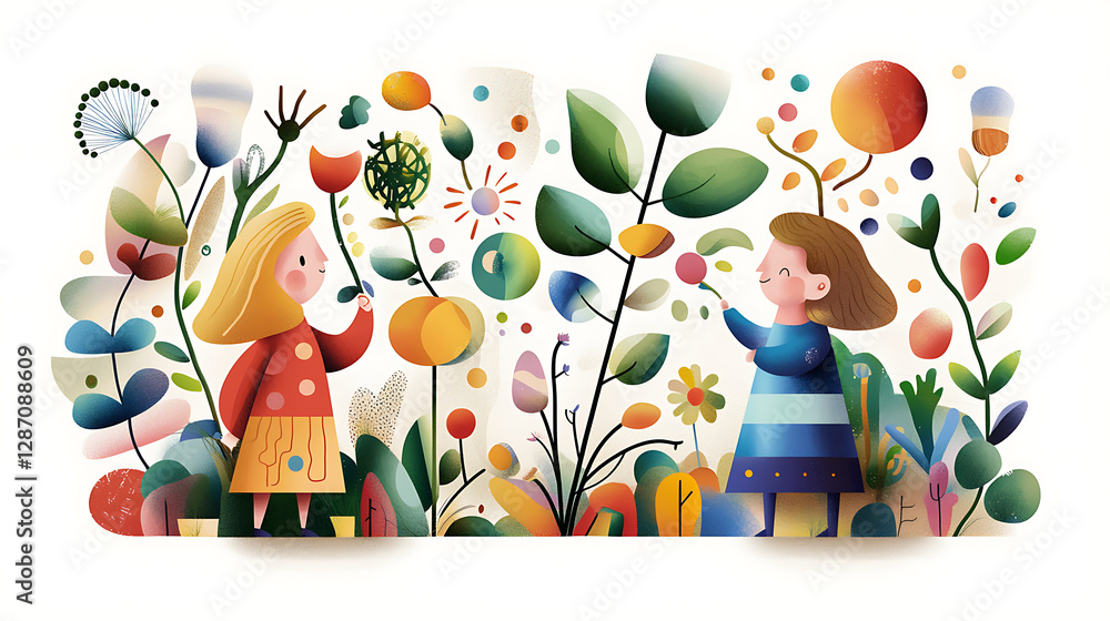 Naklejka premium Creative children exploring nature and colorful plants in whimsical garden