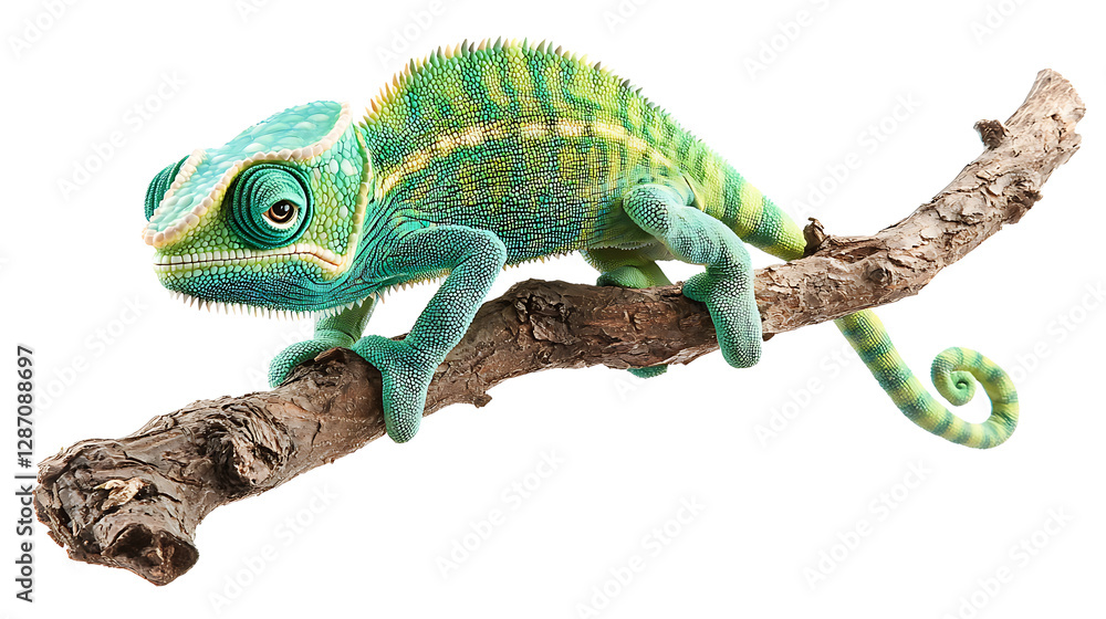 Fototapeta premium vibrant chameleon with green and blue patterns rests on branch, showcasing its unique texture and colors
