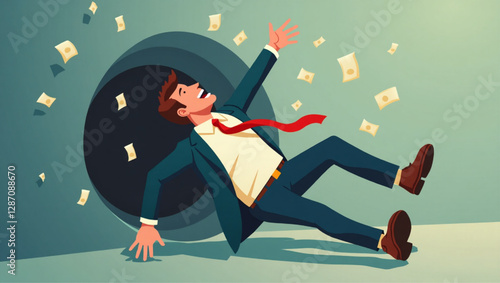 Businessman Falling Down Hole Representing Financial Crisis, Market Crash, Recession, Bankruptcy, and Economic Loss