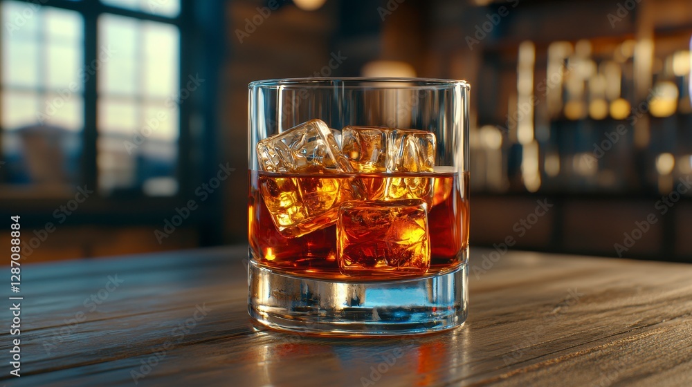 Amber Whiskey on the Rocks Glass with Ice Cubes on Wood Table in Rustic Bar Setting Amber Whiskey on the Rocks Glass with Ice Cubes on Wood Table in Rustic Bar Setting