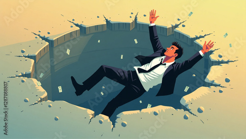 Businessman Falling Down Hole Representing Financial Crisis, Market Crash, Recession, Bankruptcy, and Economic Loss