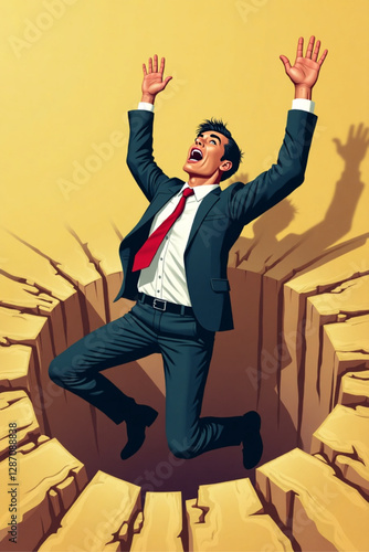 Businessman Falling Down Hole Representing Financial Crisis, Market Crash, Recession, Bankruptcy, and Economic Loss