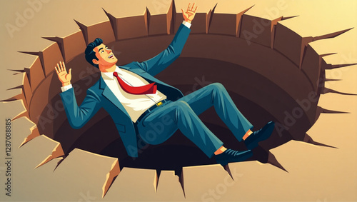 Businessman Falling Down Hole Representing Financial Crisis, Market Crash, Recession, Bankruptcy, and Economic Loss