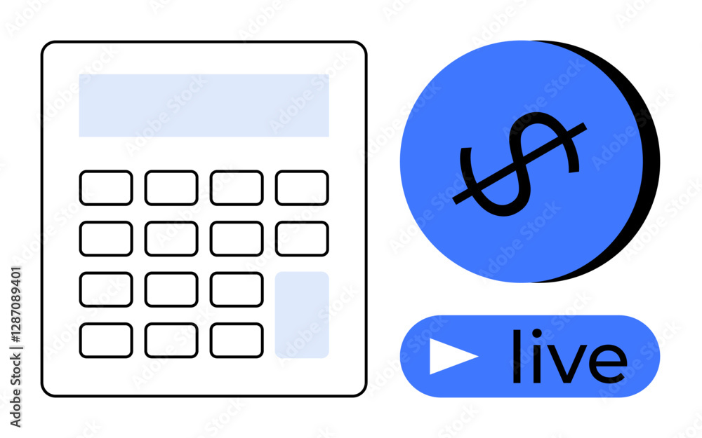 Calculator and a dollar coin with a play live button. Ideal for finance, budgeting, online transactions, live financial analysis, financial education, accounting, webinars. Blue and white abstract Calculator and a dollar coin with a play live button. Ideal for finance, budgeting, online transactions, live financial analysis, financial education, accounting, webinars. Blue and white abstract