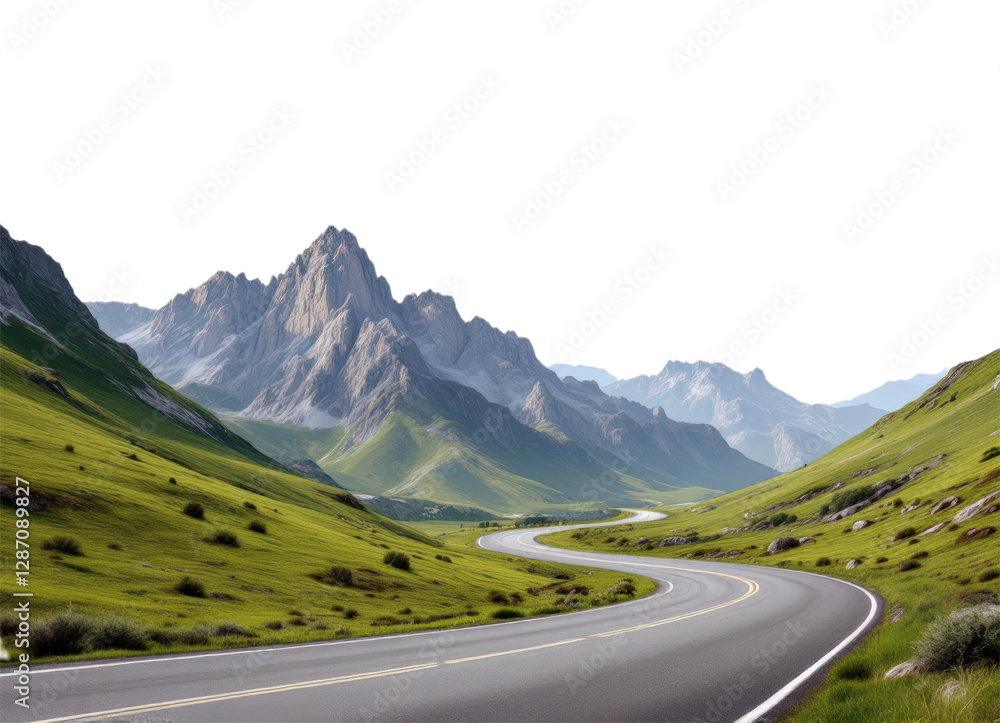 Naklejka premium Scenic Winding Road Leading Through Lush Green Valleys Towards Majestic Mountain Peaks, Inviting Adventure and Exploration, Isolated on Transparent and White Background