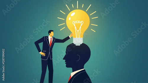 Businessman inserting light bulb of innovation into human head, symbolizing business creativity and new ideas