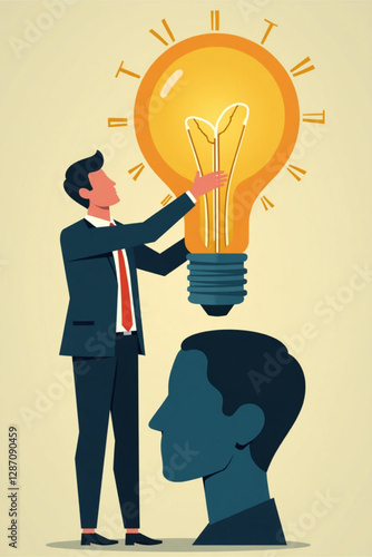 Businessman inserting light bulb of innovation into human head, symbolizing business creativity and new ideas