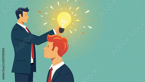 Businessman inserting light bulb of innovation into human head, symbolizing business creativity and new ideas