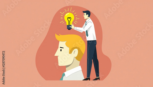 Businessman inserting light bulb of innovation into human head, symbolizing business creativity and new ideas