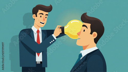 Businessman inserting light bulb of innovation into human head, symbolizing business creativity and new ideas