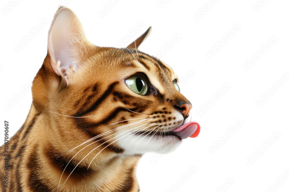 Obraz premium Close up of a cat with green eyes sticking its tongue out on transparent black background. The cat has brown and black spots