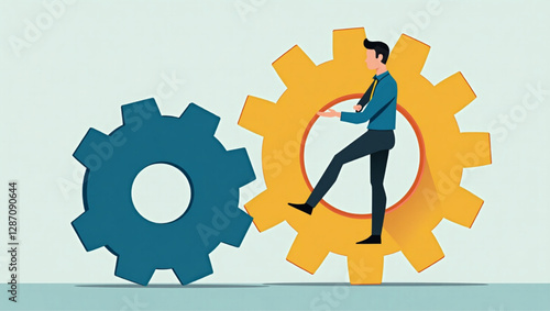 Businessman Integrating Missing Gear into Cogwheel Mechanism Representing Successful Business Process and Development