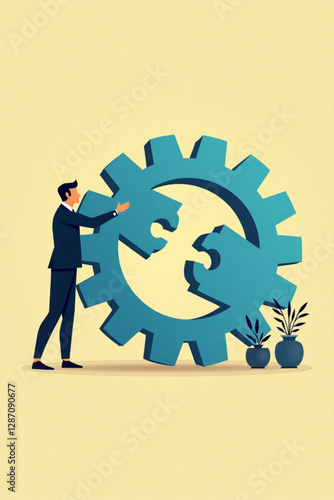 Businessman Integrating Missing Gear into Cogwheel Mechanism Representing Successful Business Process and Development