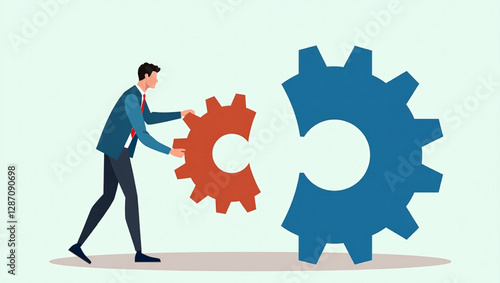 Businessman Integrating Missing Gear into Cogwheel Mechanism Representing Successful Business Process and Development