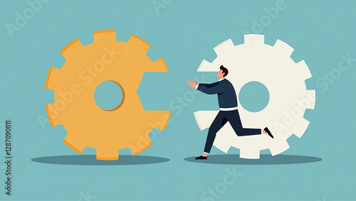 Businessman Integrating Missing Gear into Cogwheel Mechanism Representing Successful Business Process and Development