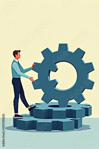 Businessman Integrating Missing Gear into Cogwheel Mechanism Representing Successful Business Process and Development