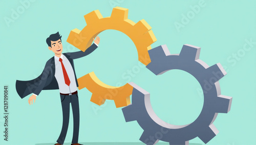 Businessman Integrating Missing Gear into Cogwheel Mechanism Representing Successful Business Process and Development