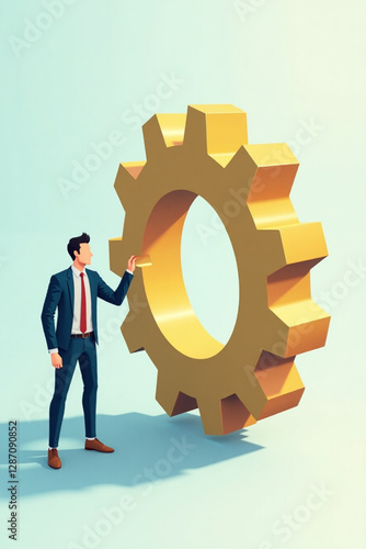 Businessman Integrating Missing Gear into Cogwheel Mechanism Representing Successful Business Process and Development