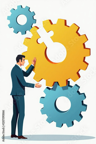 Businessman Integrating Missing Gear into Cogwheel Mechanism Representing Successful Business Process and Development