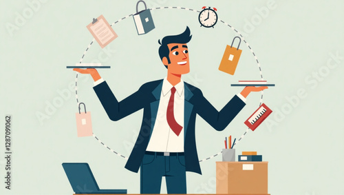 Businessman Juggling Multiple Tasks for Effective Time Management