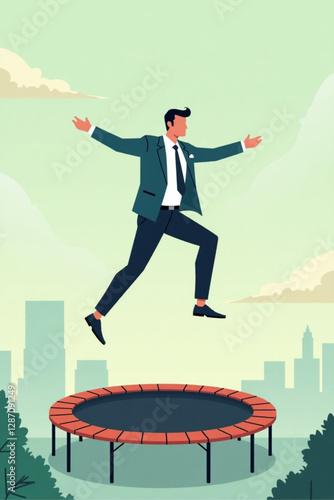 Businessman Jumping from Trampoline to Recover from Economic Crisis and Grow Profits