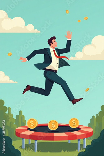 Businessman Jumping from Trampoline to Recover from Economic Crisis and Grow Profits