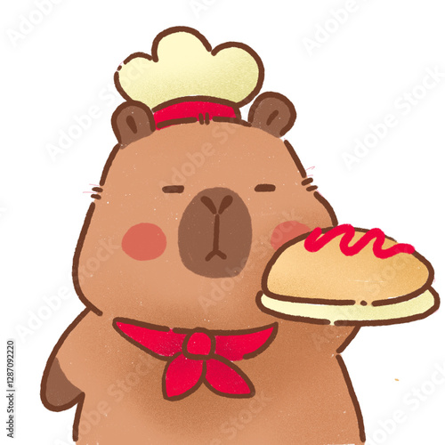 Cute cartoon capybara chef holding hot dog with ketchup, wearing chef hat and red scarf