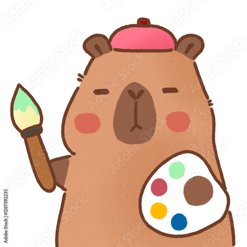 Cute cartoon capybara holding paintbrush and palette, wearing beret