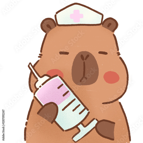 Cute capybara nurse holding syringe, ready to help with vaccinations and care