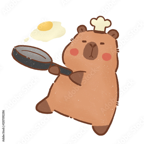 Cute capybara chef holding frying pan with egg, showcasing culinary skills and joy in cooking