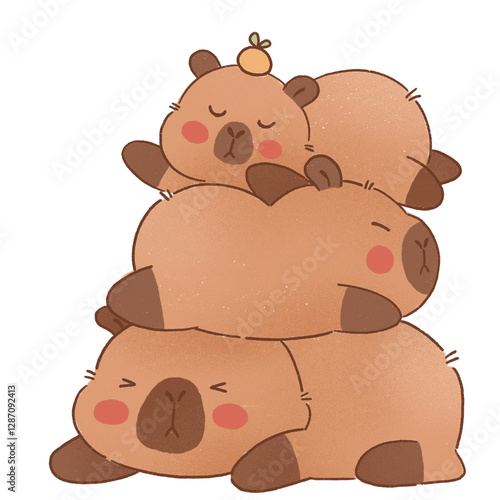 Cute cartoon capybara stacked together, showcasing playful expressions and cozy vibe