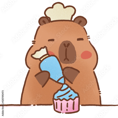 Cute capybara chef decorating cupcake with blue icing, showcasing creativity and joy in baking