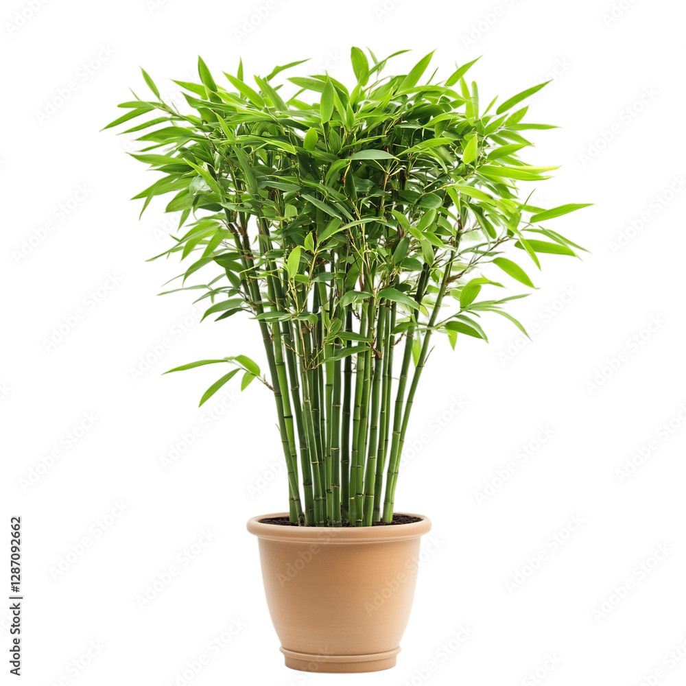 A Large Potted Bamboo Plant with Multiple Green Stalks Isolated on Transparent Background
