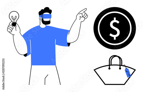 Man wearing VR headset holds bulb, points forward. Nearby are a dollar sign and a shopping bag. Ideal for VR, tech innovation, shopping, e-commerce, financial concepts, future technology digital