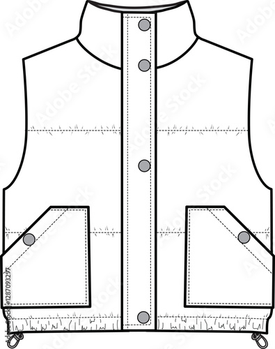 Women's Puffer Gilet. Technical fashion illustration. Front, white color. Unisex CAD mock-up.