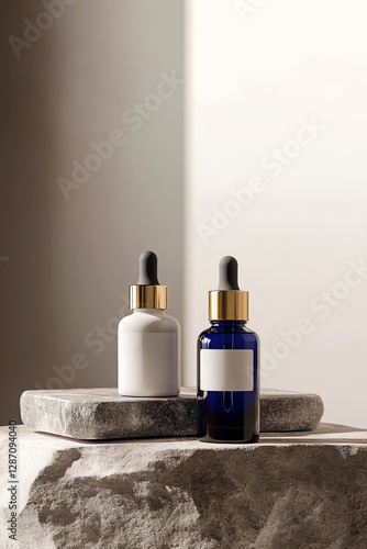 Two dropper bottles, one white and one blue, resting on a marble slab atop a stone, creating a luxurious and natural aesthetic for beauty product presentation
