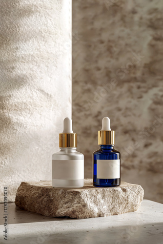 Two dropper bottles, one white and one blue, resting on a marble slab atop a stone, creating a luxurious and natural aesthetic for beauty product presentation